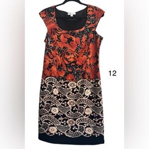 London Times Beautiful Sheath Dress Cream Orange Black Size 12  Very Slimming!